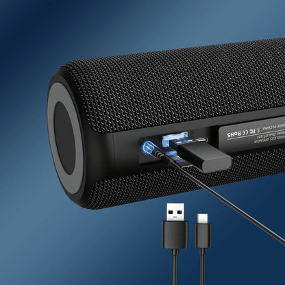 Black Smaven Portable Bluetooth Speaker with USB and microphone ports on a blue background