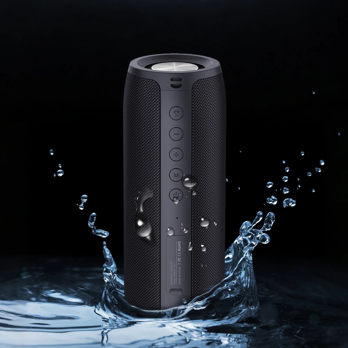 Black portable Smaven Portable Bluetooth Speaker with water droplets on a dark background