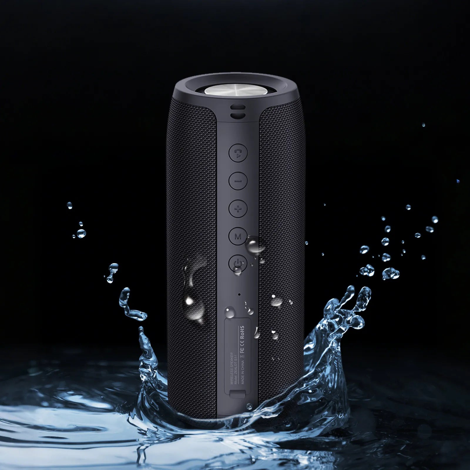 Black portable Smaven Portable Bluetooth Speaker with water droplets on a dark background