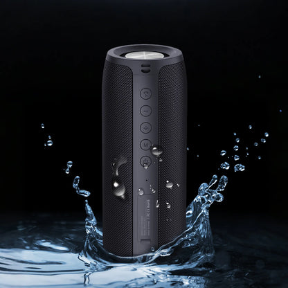 Black portable Smaven Portable Bluetooth Speaker with water droplets on a dark background