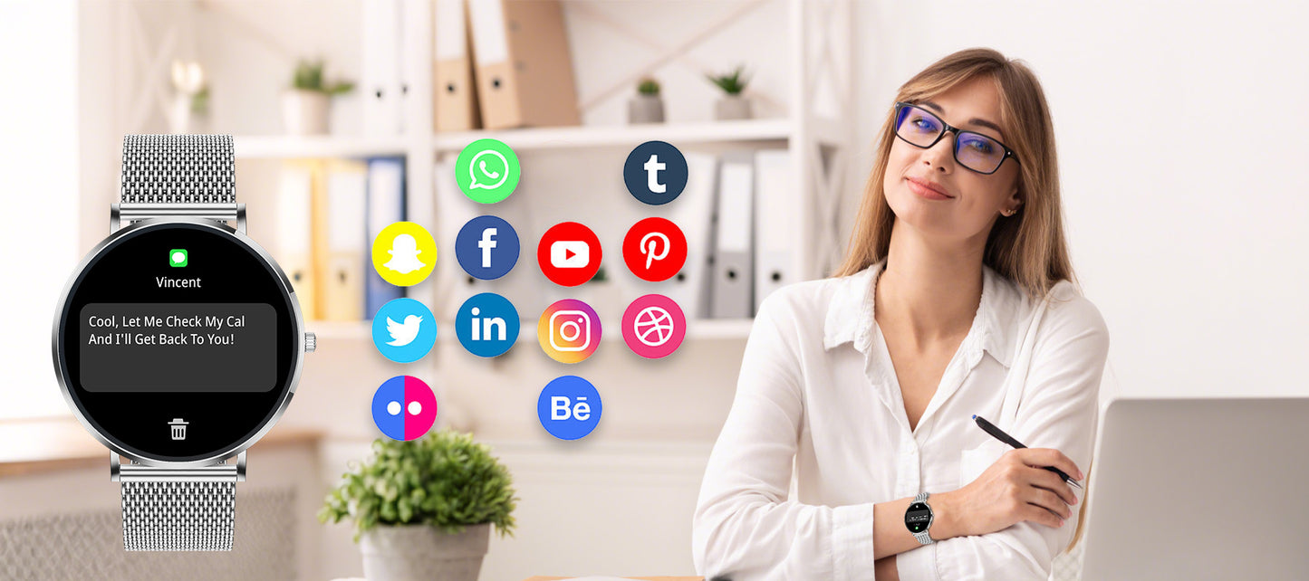 Smaven Smartwatch with app icons and a woman in an office setting