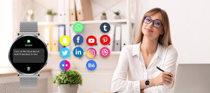 Smaven Smartwatch with app icons and a woman in an office setting