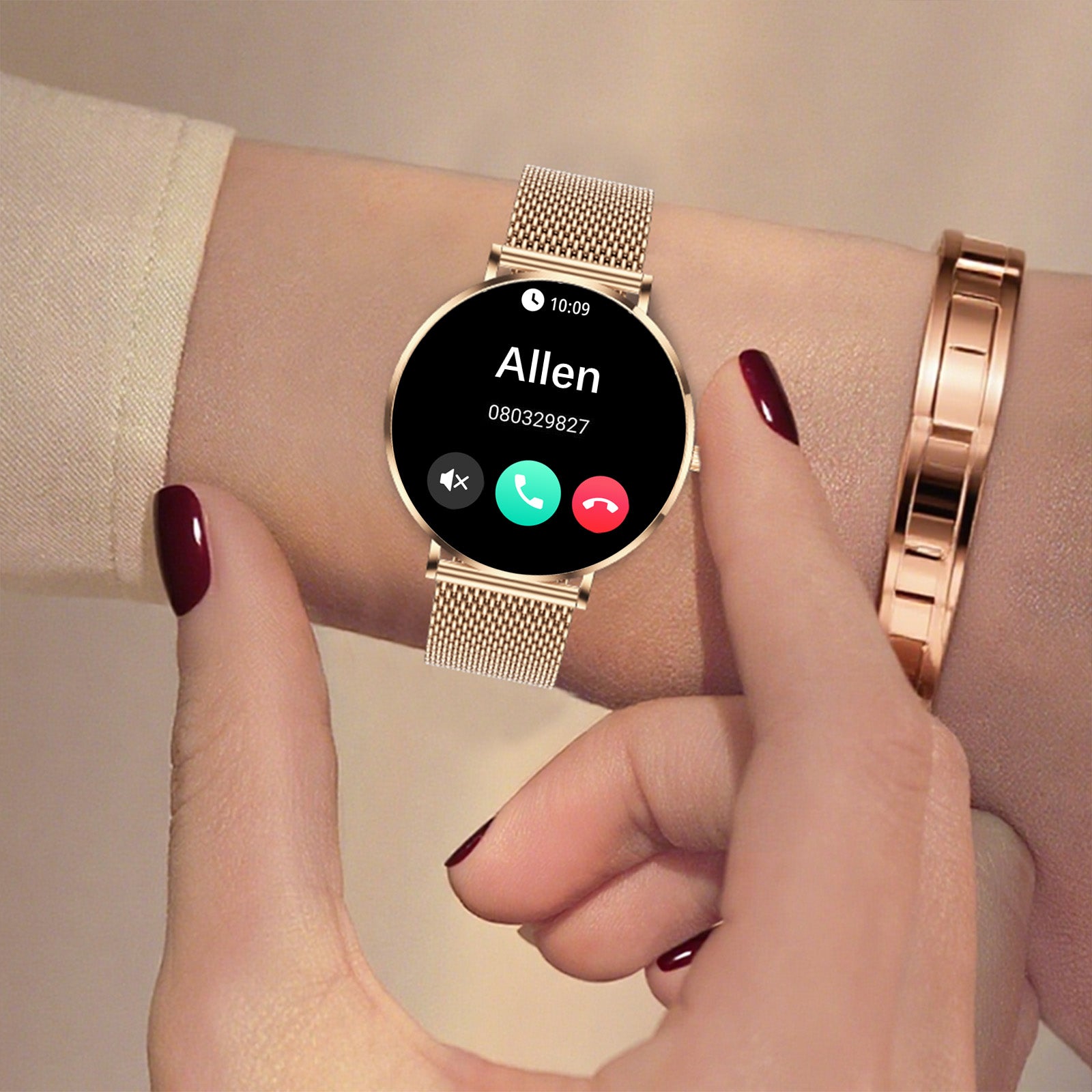 Gold Smaven Smartwatch on a wrist with a blurred background