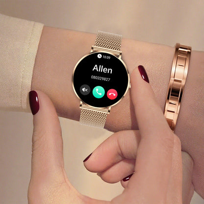 Gold Smaven Smartwatch on a wrist with a blurred background