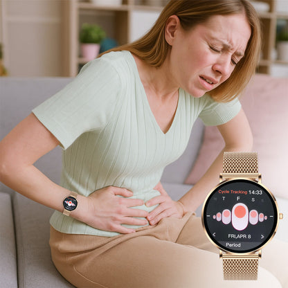 Woman experiencing stomach pain wearing a Smaven Smartwatch with period tracking app.