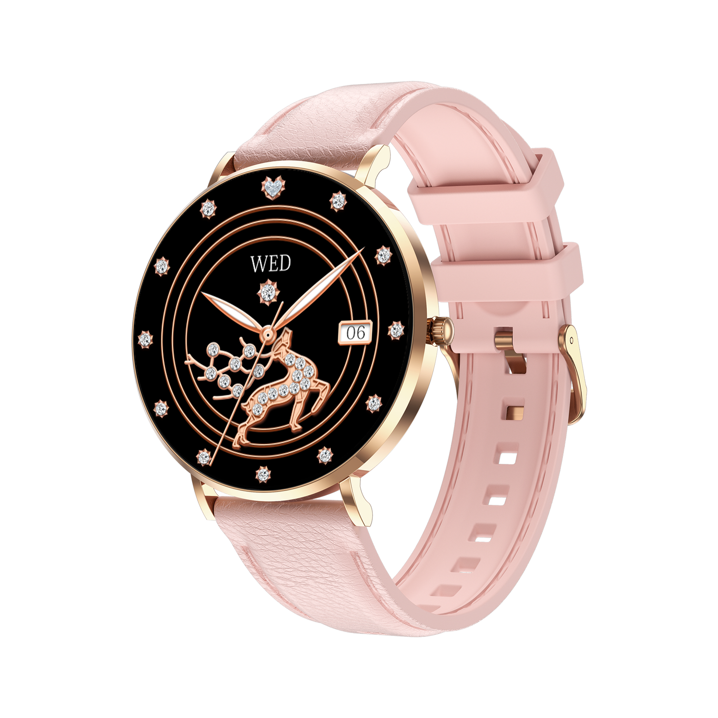 Pink Smaven Smartwatch with a black face and gold accents on a white background