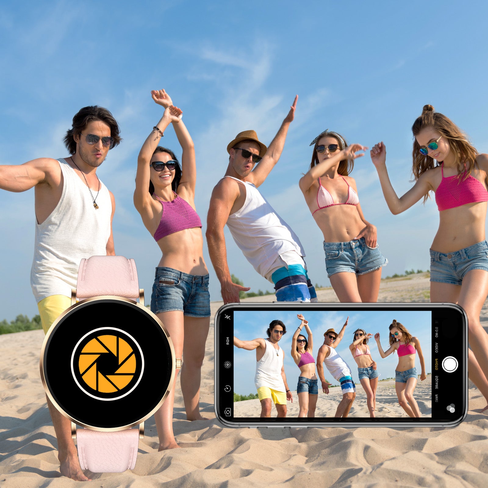 Group of people on a beach with a smartphone camera app overlay showing a photo of the group.