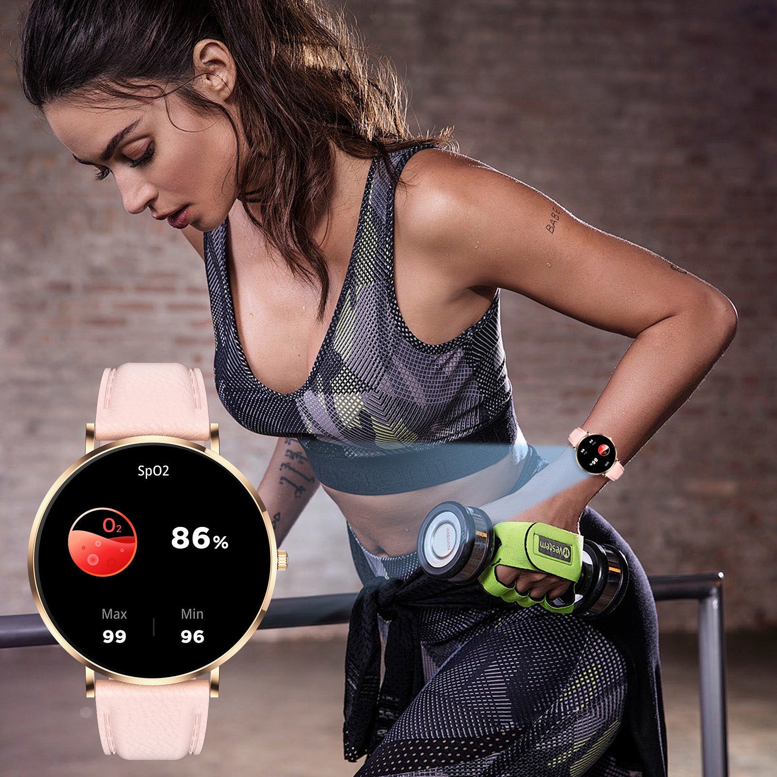 Woman exercising with a fitness tracker on her wrist, showing heart rate and activity data.