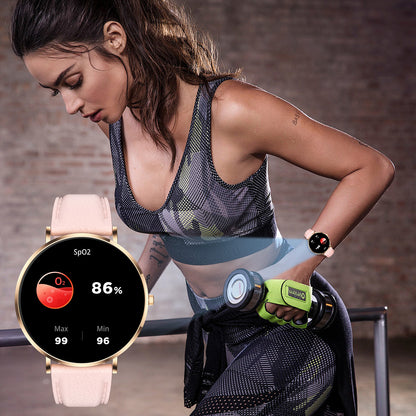 Woman exercising with a fitness tracker on her wrist, showing heart rate and activity data.