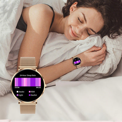 Woman lying in bed wearing a Smaven Smartwatch displaying sleep data.