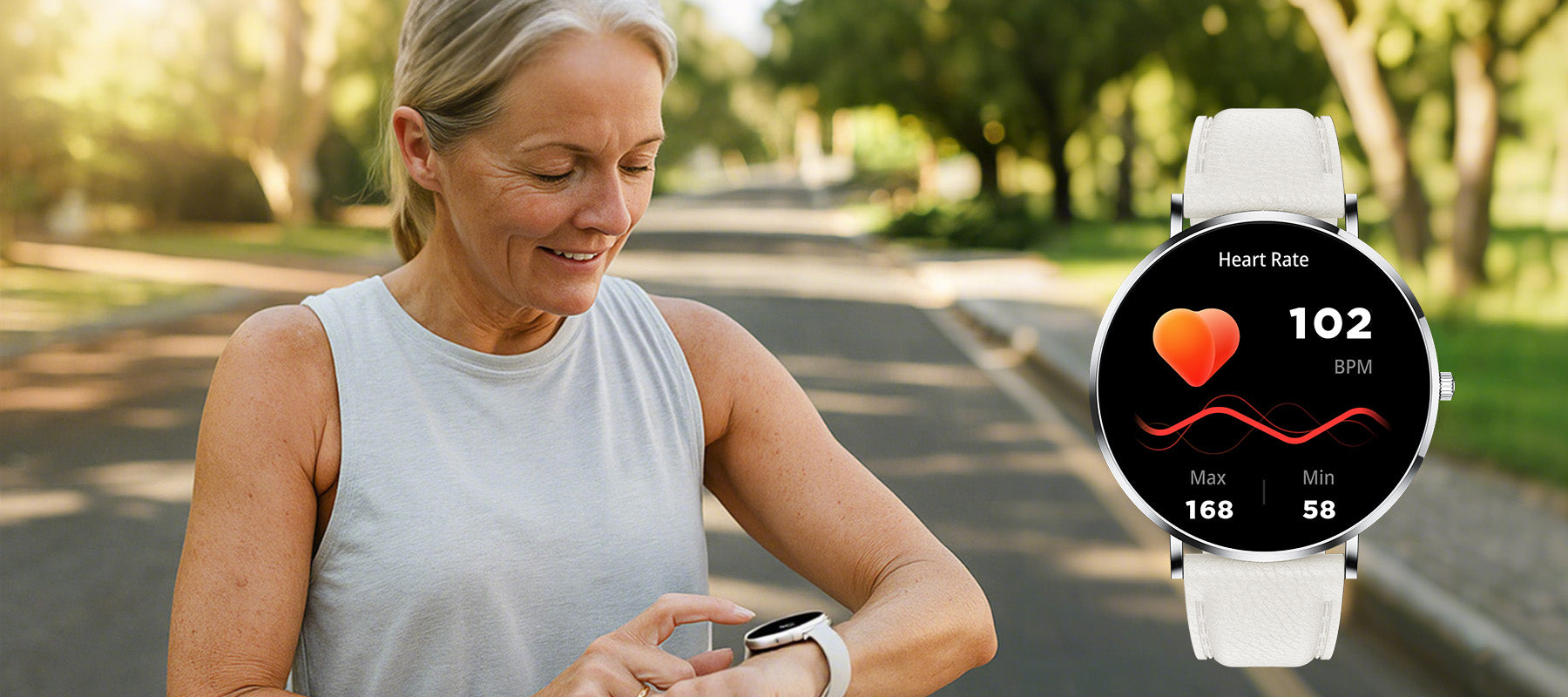 Woman using a Smaven Smartwatch outdoors with a heart rate monitor display.