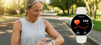Woman using a Smaven Smartwatch outdoors with a heart rate monitor display.