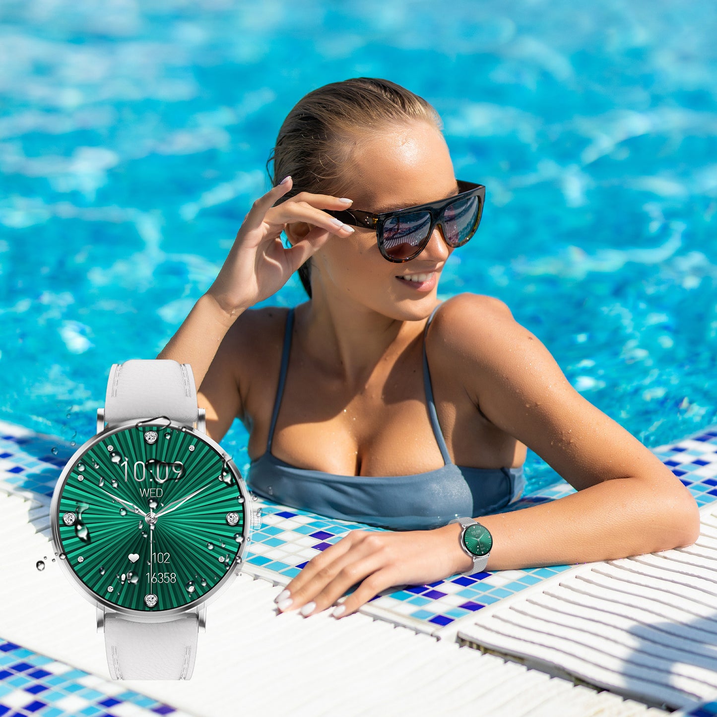 Woman by a pool wearing a green Smaven Smartwatch with a blue water background