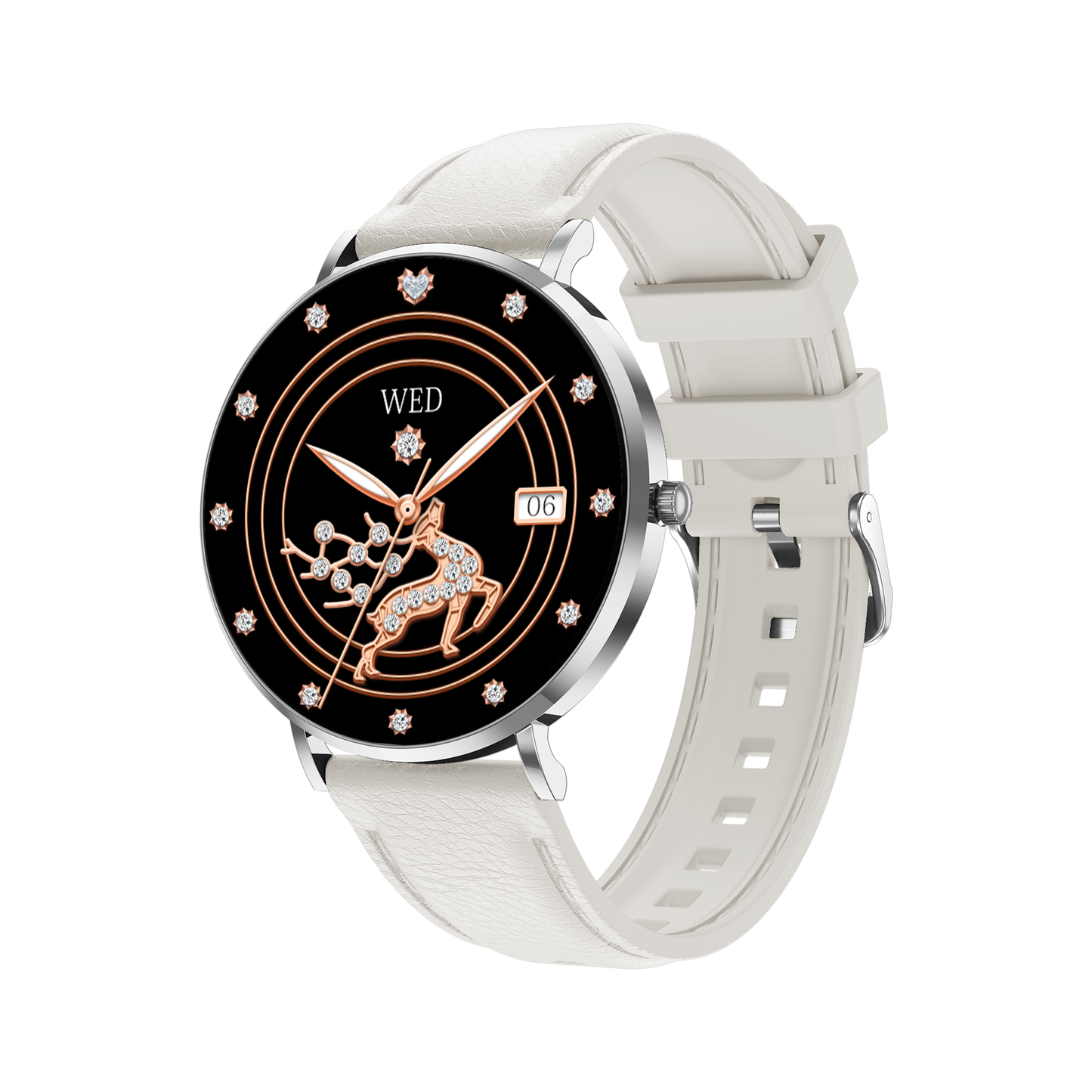 Smaven Smartwatch with a black dial and white band on a white background