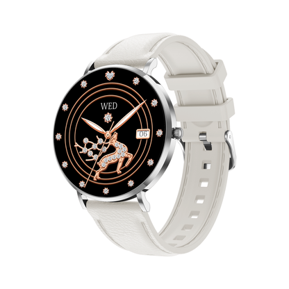Smaven Smartwatch with a black dial and white band on a white background