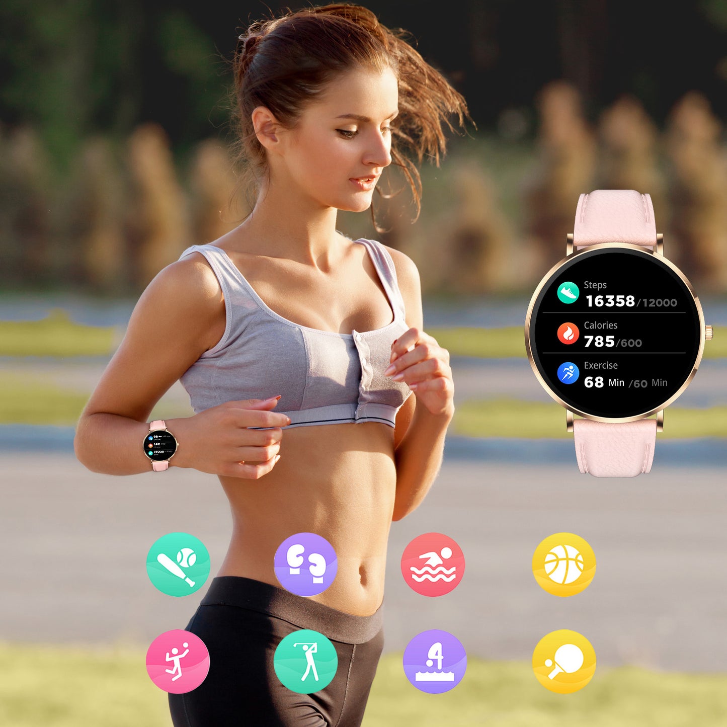 Woman exercising outdoors with a fitness tracker on her wrist, surrounded by fitness app icons.