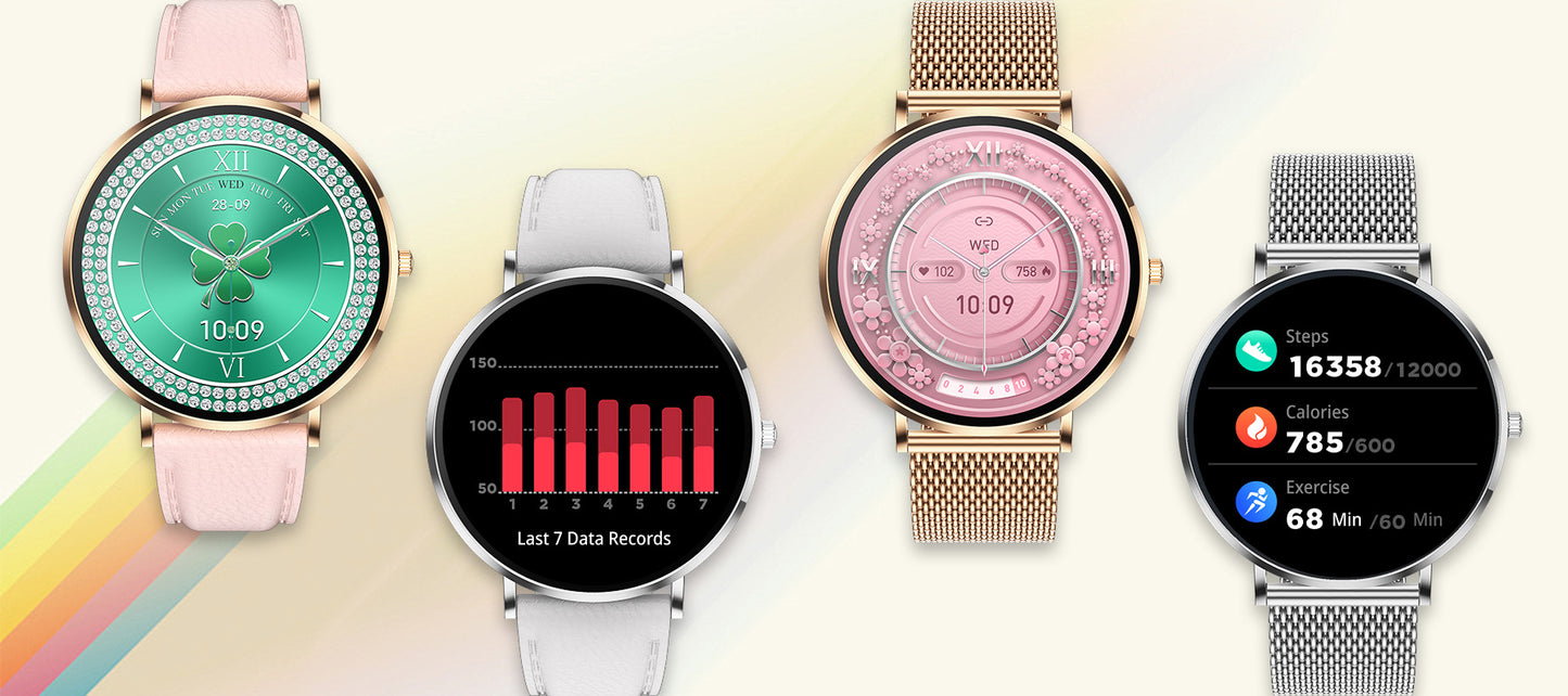 Four Smaven Smartwatch with different designs and display screens on a colorful background
