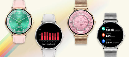 Four Smaven Smartwatch with different designs and display screens on a colorful background