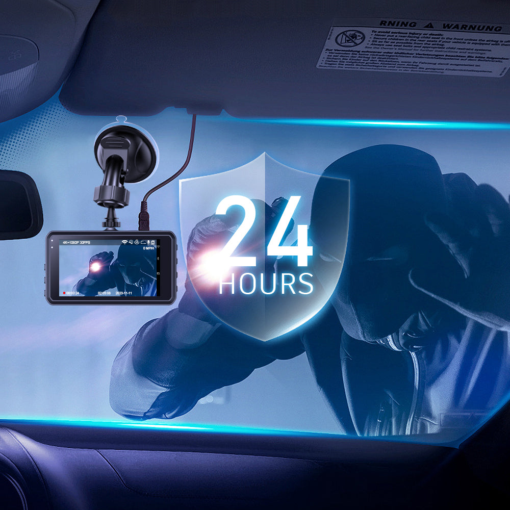 SnapVlt 4K Full HD Smart Dash Cam - 24H parking monitoring activates on impact records 1-minute clip then locks file