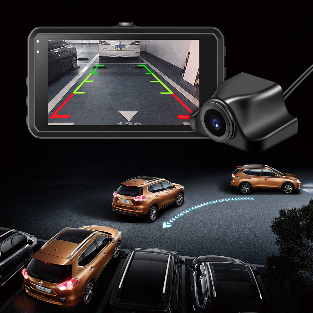 SnapVlt 4K Full HD Smart Dash Cam - reverse image auto-switch to rear camera view with parking auxiliary guide lines