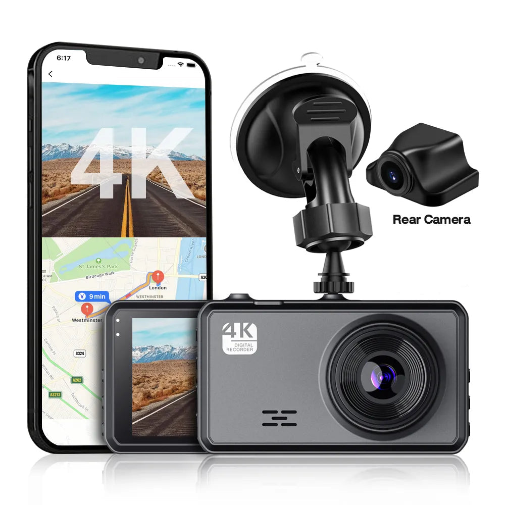 Black 4K car  SnapVlt Dash Cam  set with suction mount, rear camera, and 32GB memory card, shown alongside smartphone mockups displaying the app interface on a white background.