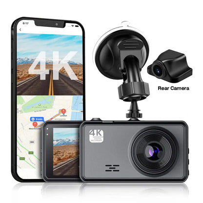 Black 4K car  SnapVlt Dash Cam  set with suction mount, rear camera, and 32GB memory card, shown alongside smartphone mockups displaying the app interface on a white background.