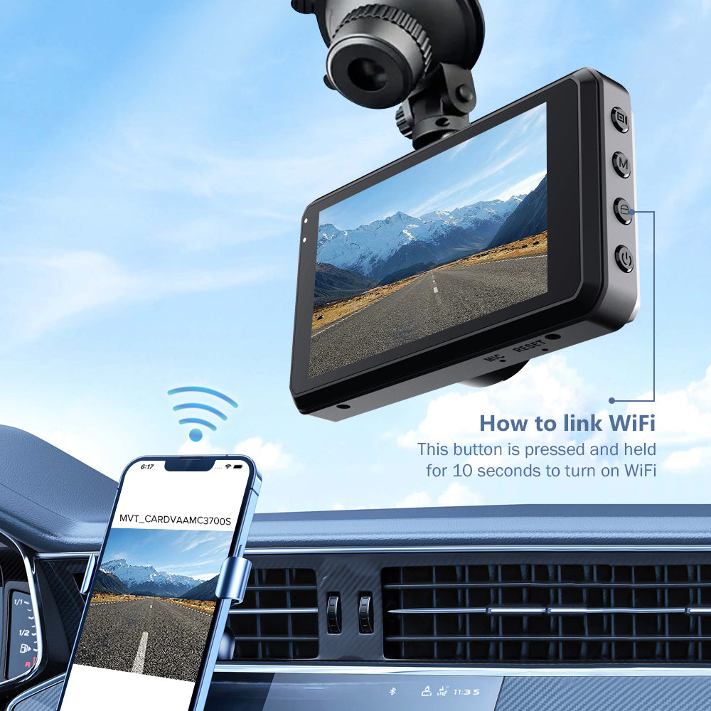 SnapVlt 4K Full HD Smart Dash Cam - carousel 2 mounted on windshield showing 3-inch screen in car