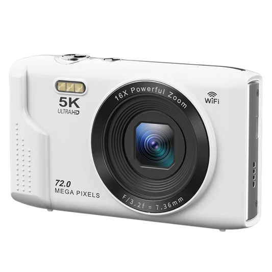 A white SnapWynie Digital Camera with a prominent black lens barrel, featuring text that reads '5K ULTRA HD', '72.0 MEGA PIXELS', '16X Powerful Zoom', and 'WIFI' on a clean white background.