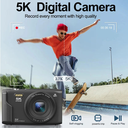 SnapWynie Digital Camera with a person skateboarding and recording, set against a clear blue sky.