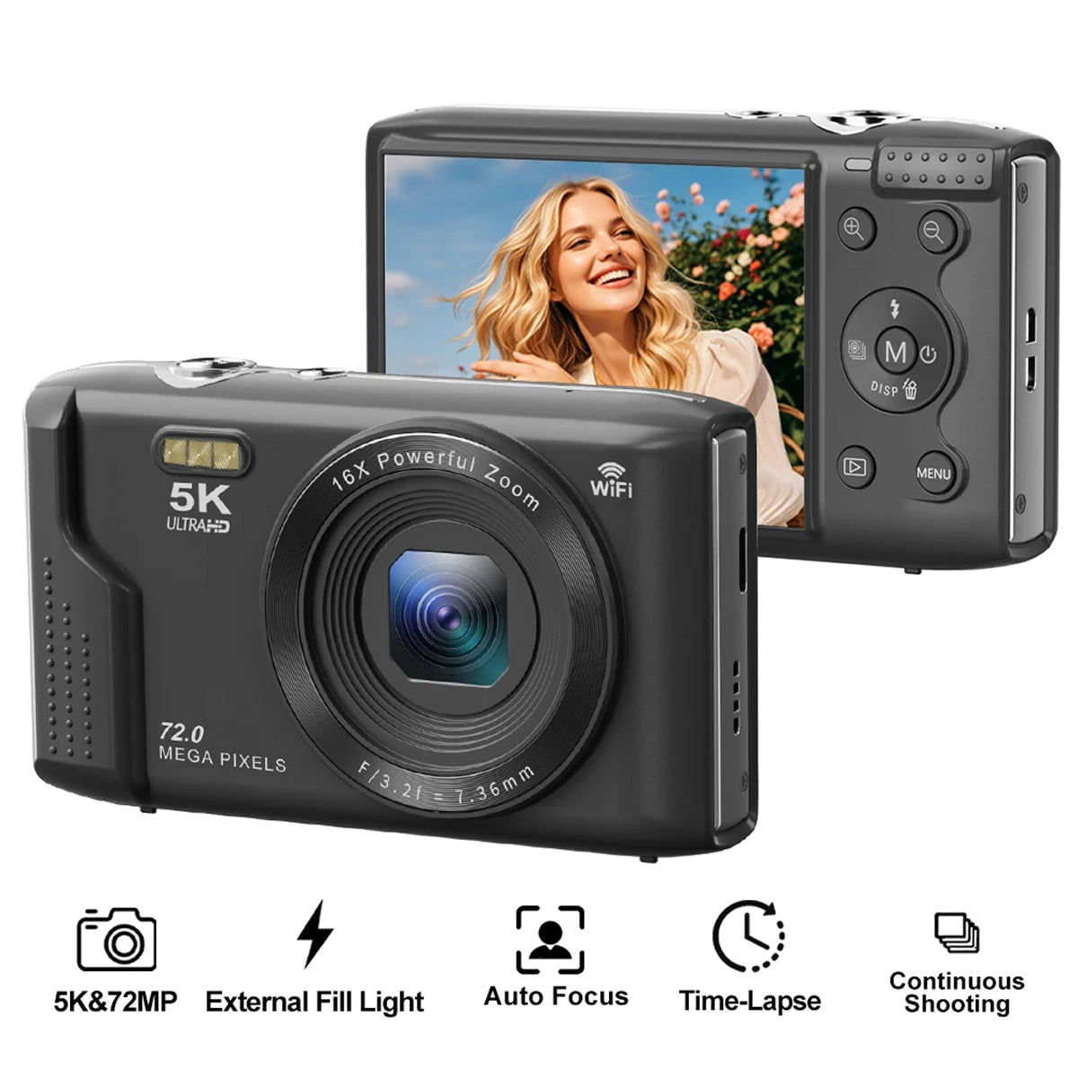 Black SnapWynie Digital Camera shown from the front and back on a white background, with feature icons along the bottom including 5K and 72MP, external fill light, auto focus, time-lapse, and continuous shooting.
