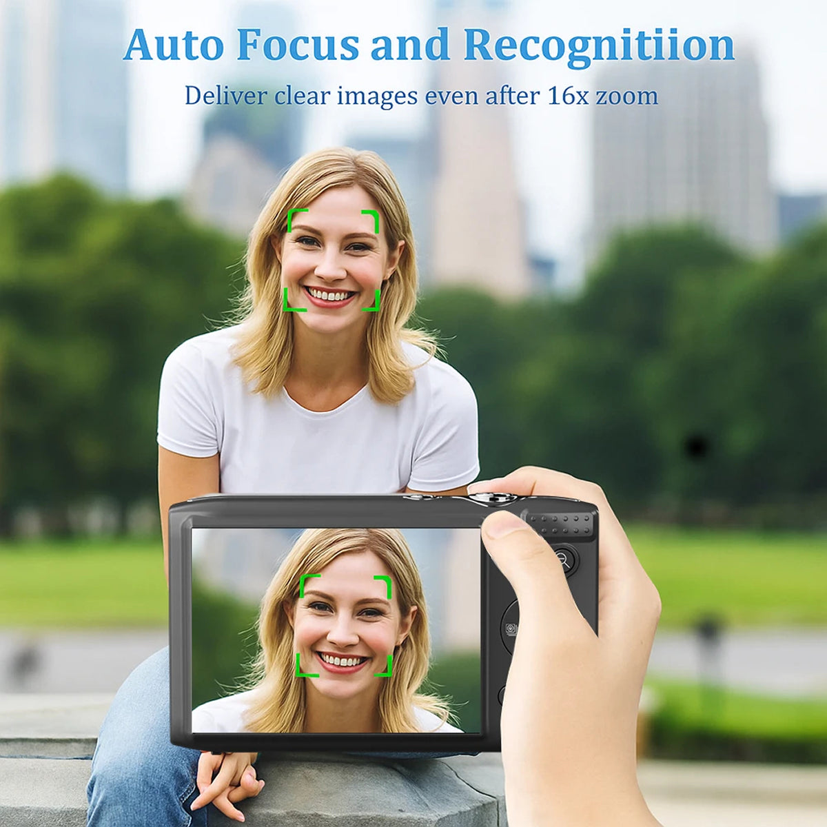 Person using a smartphone with auto focus and recognition feature in an outdoor setting.