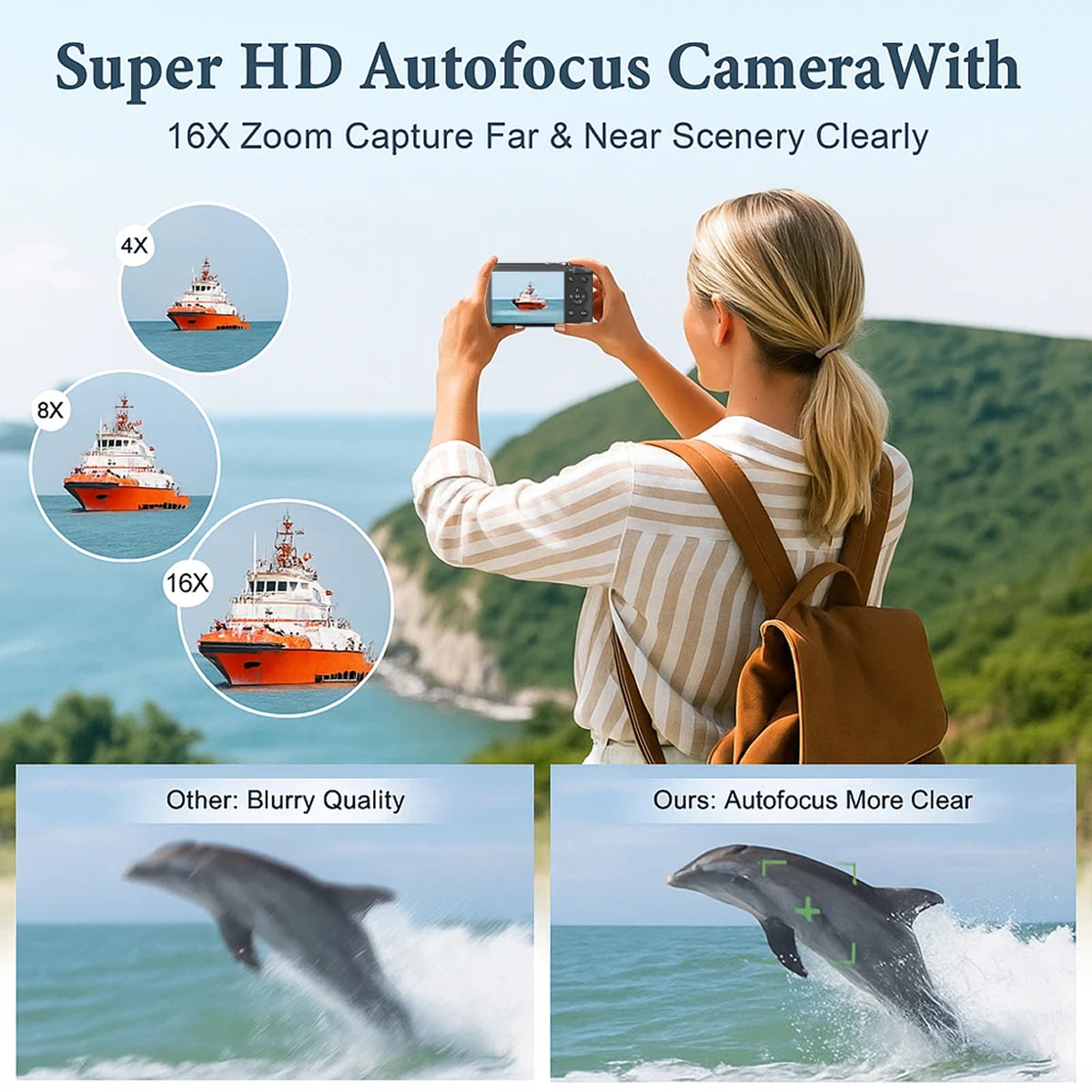 Woman taking a photo of a ship with a Super HD autofocus camera, showing zoom capabilities and clear vs blurry quality comparison.