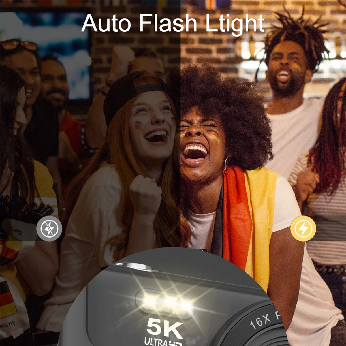 People at a party with an overlay of a flash light labeled 'Auto Flash Llight' and '5K Ultra'.