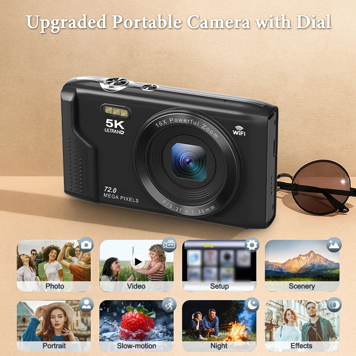 Black SnapWynie Digital Camera with features and modes displayed on a beige background