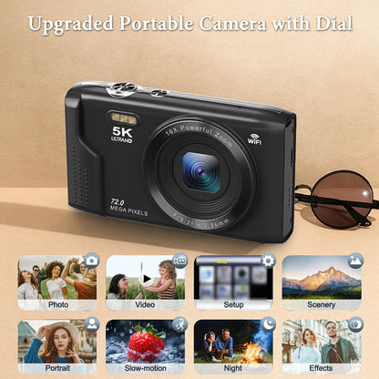 Black SnapWynie Digital Camera with features and modes displayed on a beige background