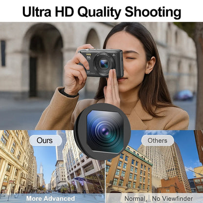 Woman holding a SnapWynie Digital Camera with 'Ultra HD Quality Shooting' text, comparing 'Ours' to 'Others' images.