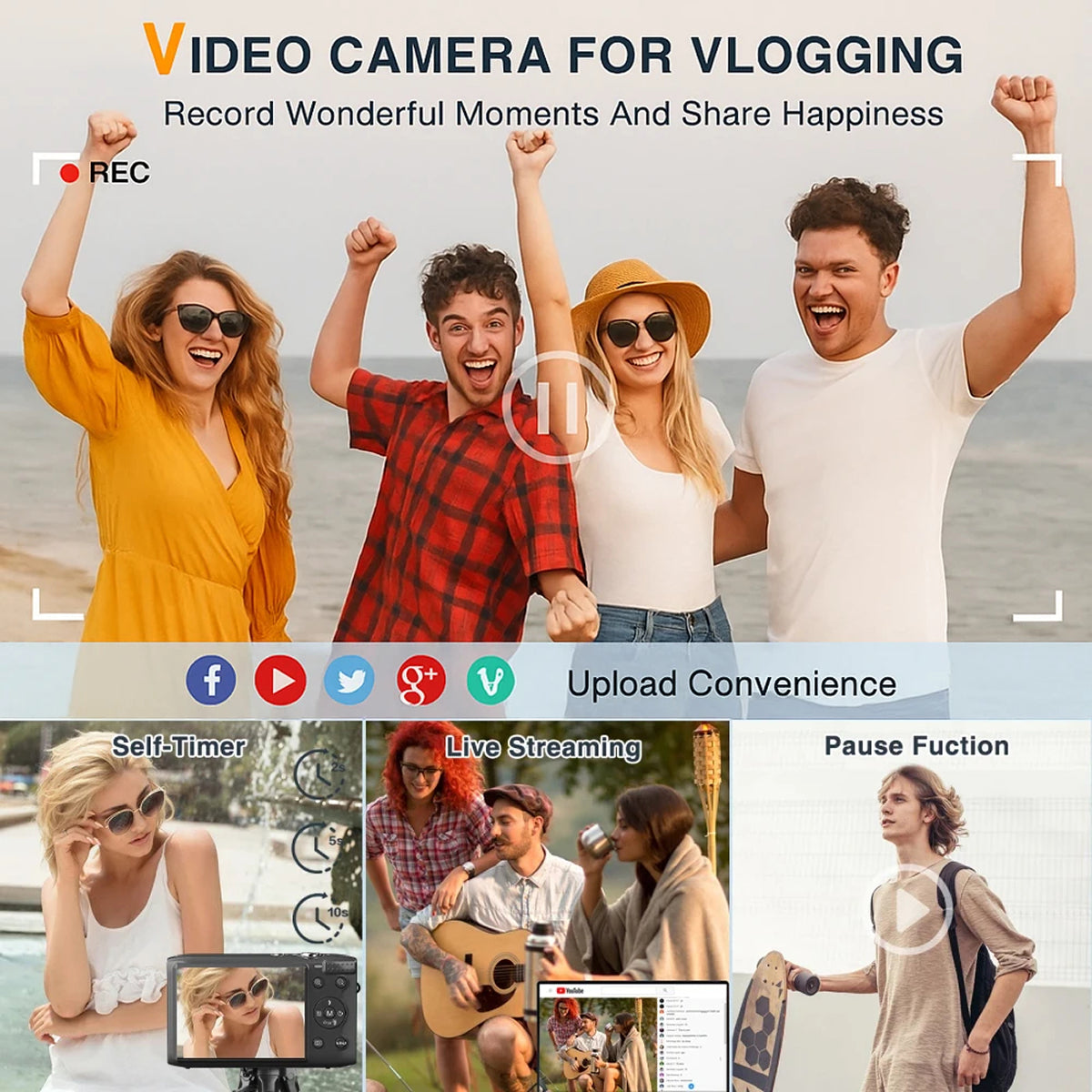 Advertisement for a SnapWynie Digital Camera for vlogging with people on a beach and features listed below.