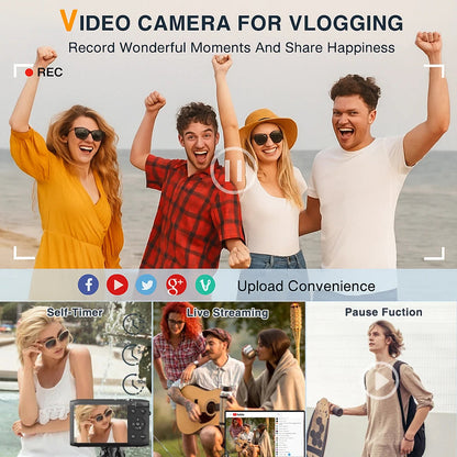 Advertisement for a SnapWynie Digital Camera for vlogging with people on a beach and features listed below.