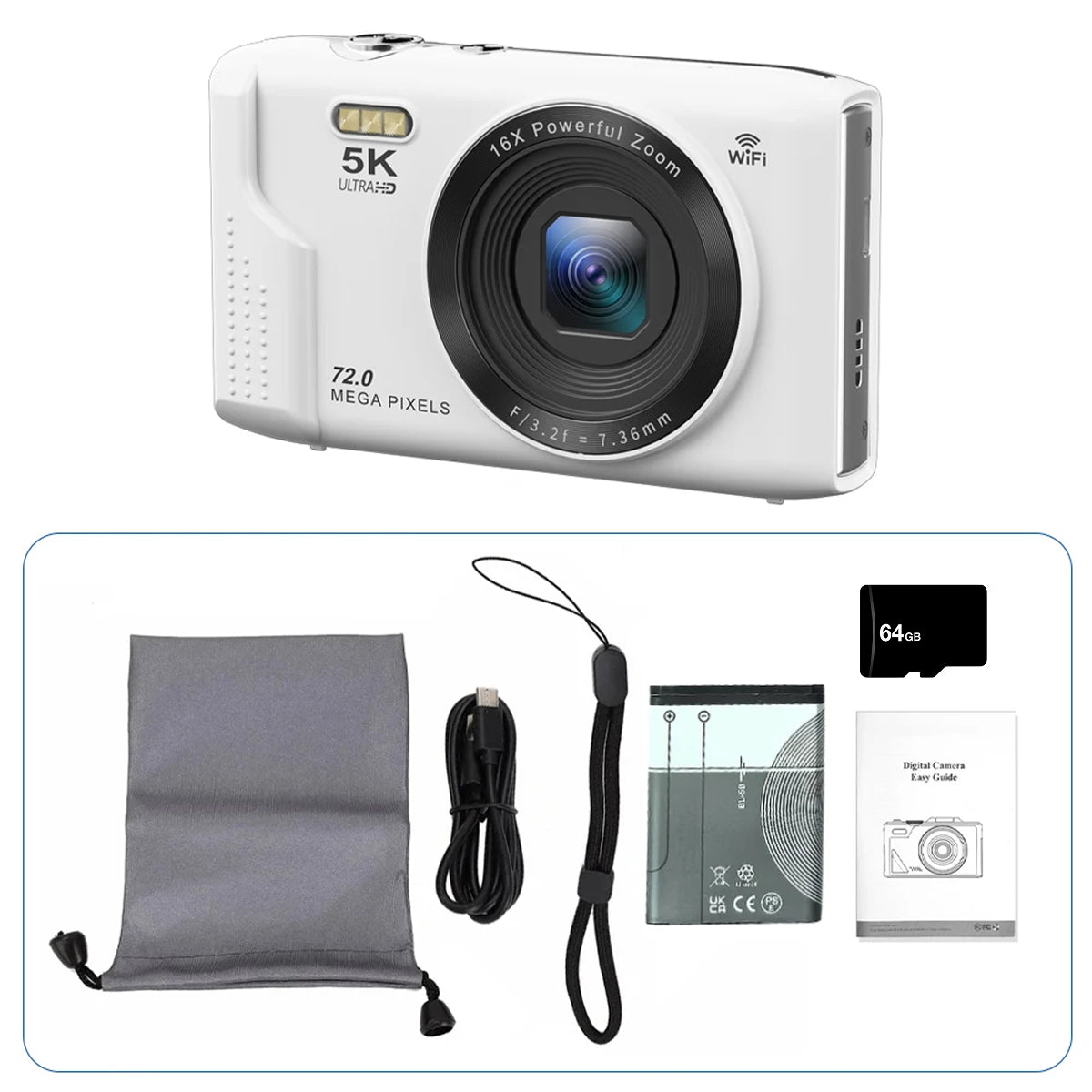 White SnapWynie Digital Camera with 5K ultra HD and WiFi features, shown with its accessories including a gray drawstring pouch, USB cable, hand strap, rechargeable battery, 64GB memory card, and user manual on a white background.