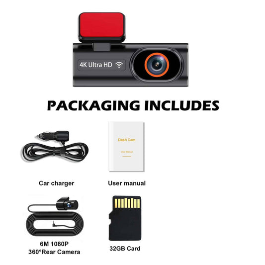 SnapiDual Wireless Dashcam with packaging contents including car charger, user manual, 6M 1080P rear camera, 32GB card on a white background.