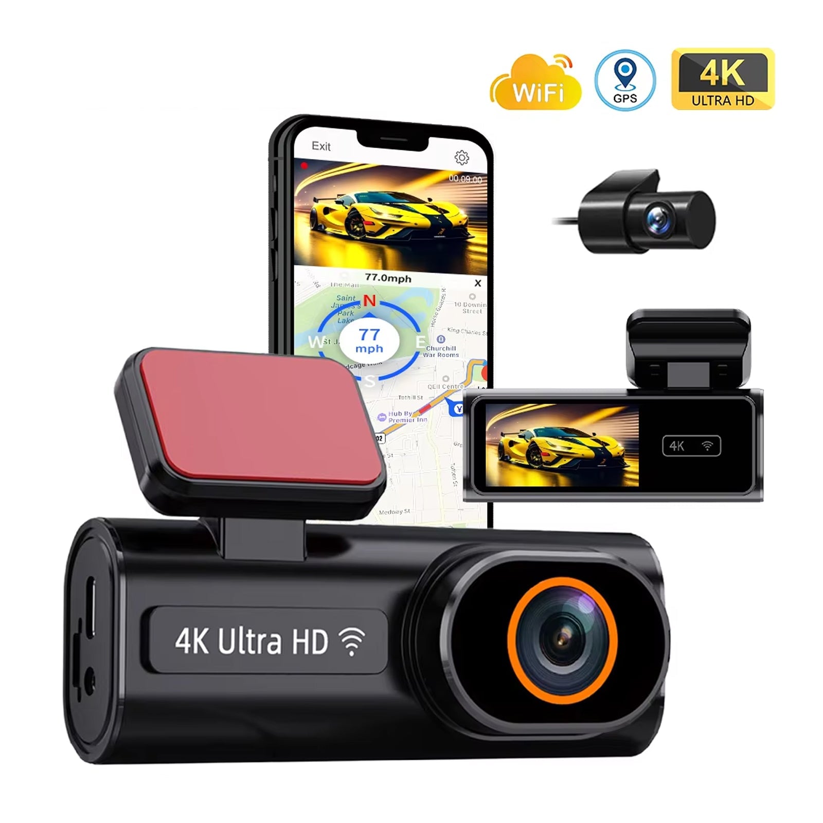 SnapiDual Wireless Dashcam with smartphone app displaying car tracking features on a white background