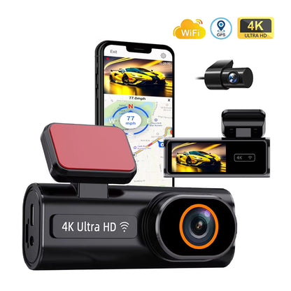 SnapiDual Wireless Dashcam with smartphone app displaying car tracking features on a white background