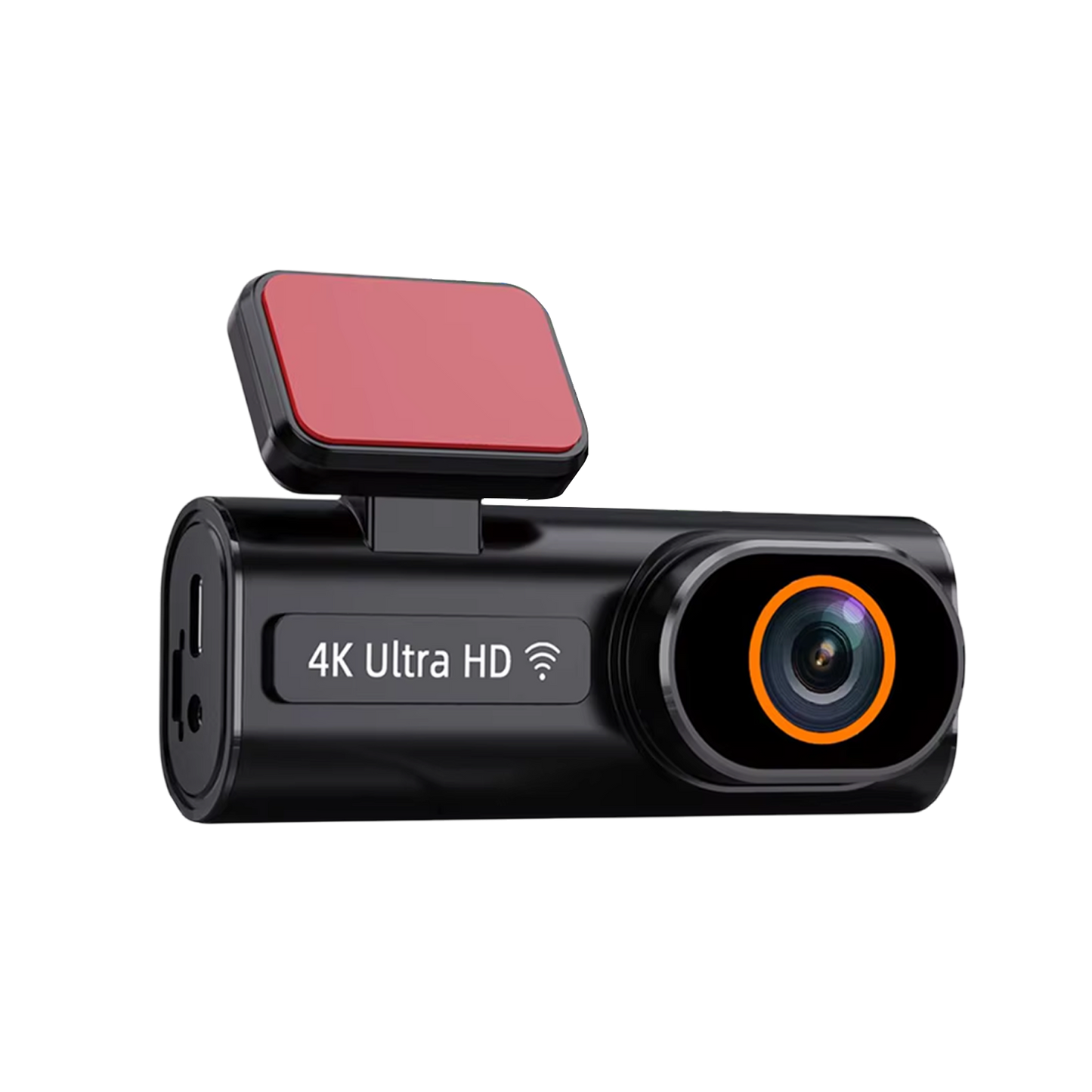 4K Ultra HD dash cam with a red square cover on a white background