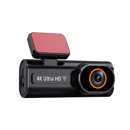4K Ultra HD dash cam with a red square cover on a white background