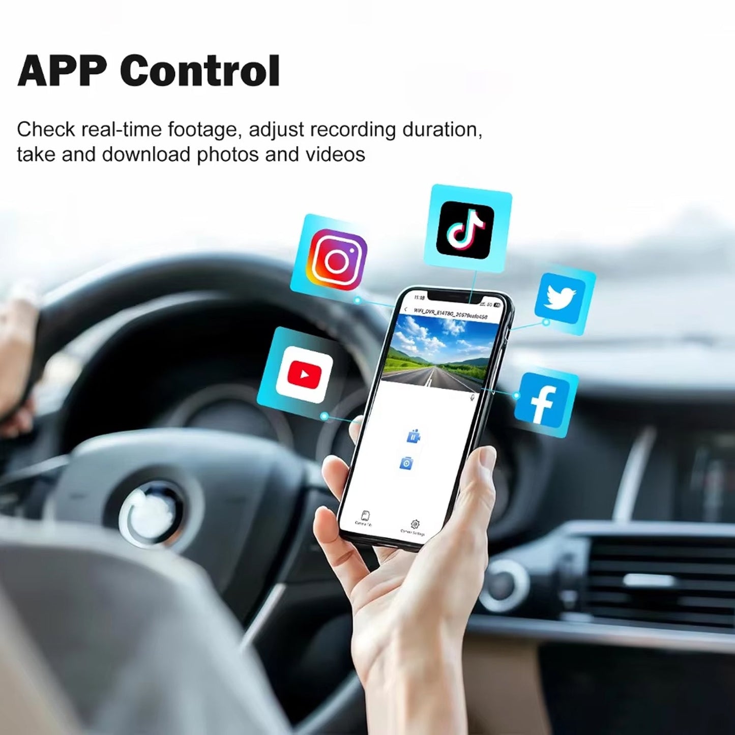 Person using a smartphone with app icons in a car interior, showcasing app control features.