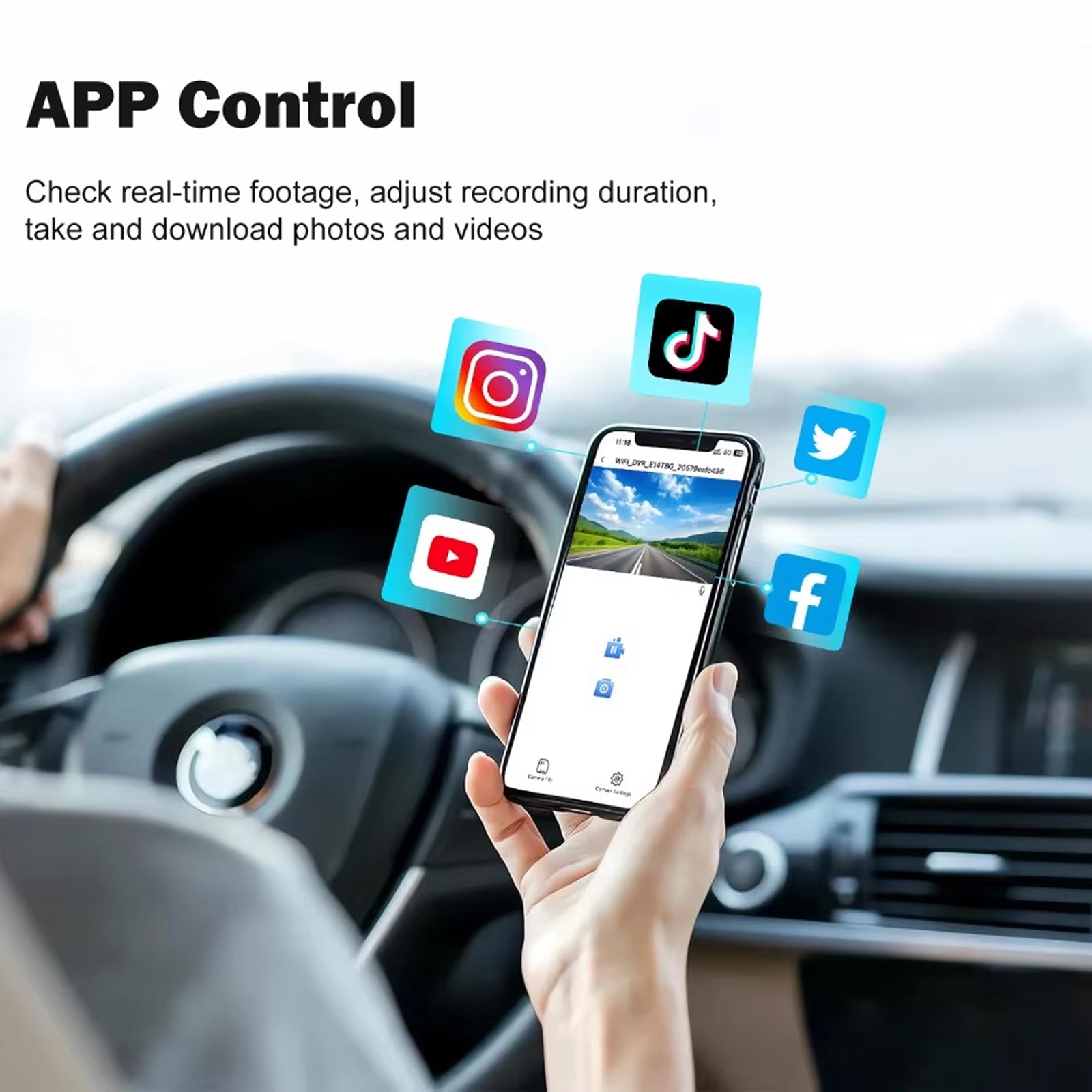 Person using a smartphone with app icons in a car interior, showcasing app control features.