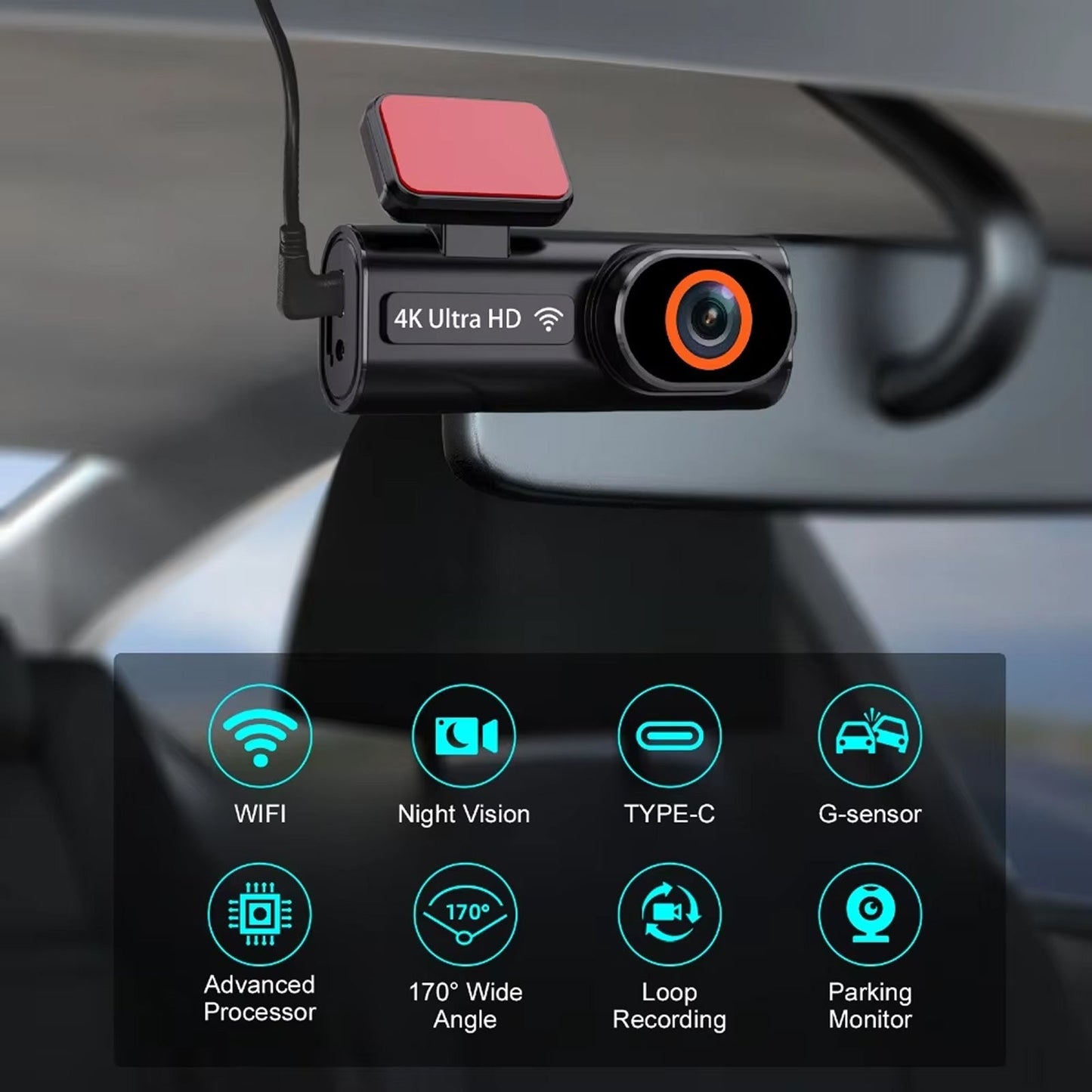 SnapiDual Wireless Dashcam with features highlighted on a black background