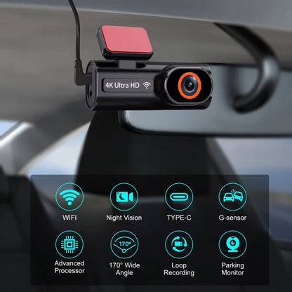 SnapiDual Wireless Dashcam with features highlighted on a black background