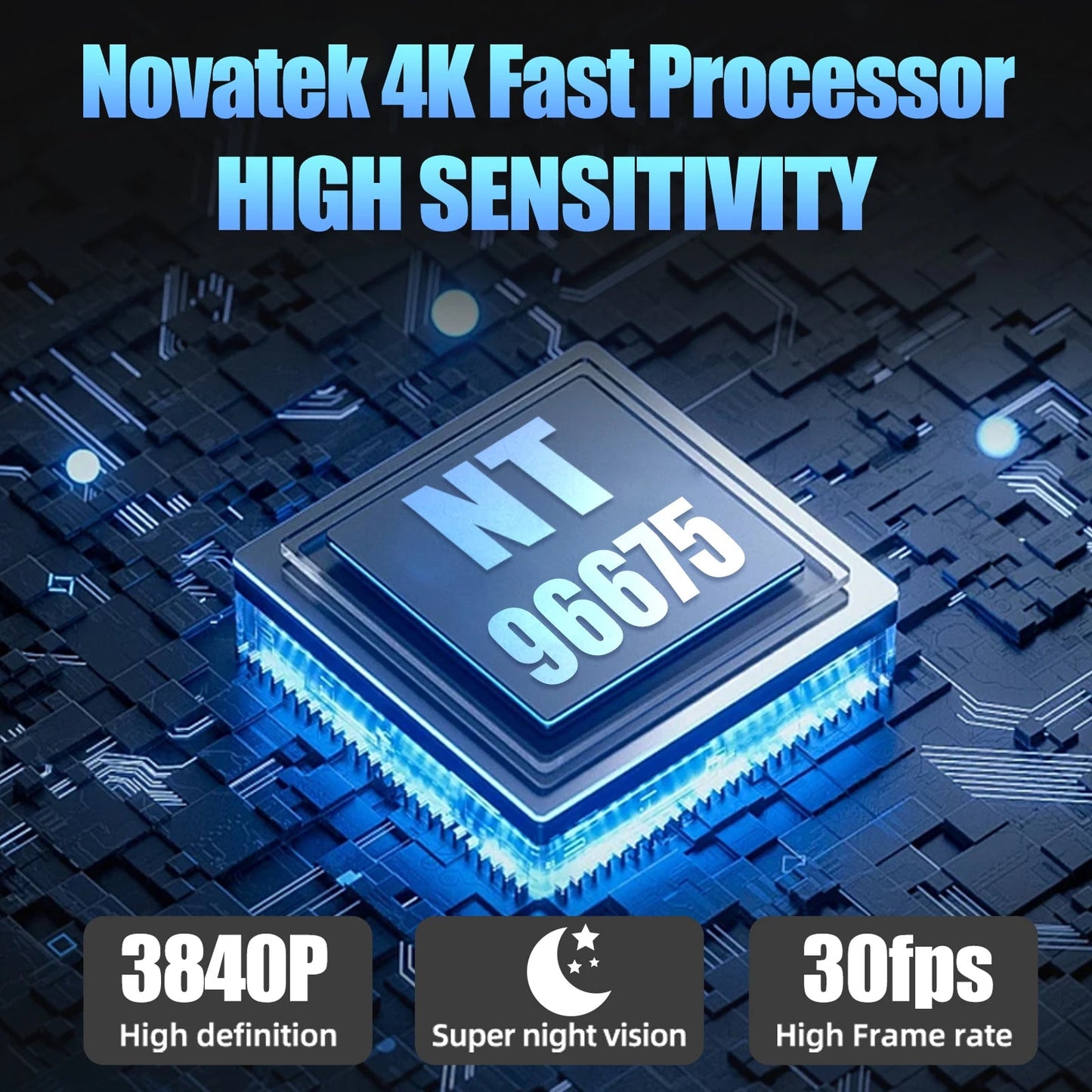 Novatek 4K Fast Processor with high sensitivity features on a circuit board background