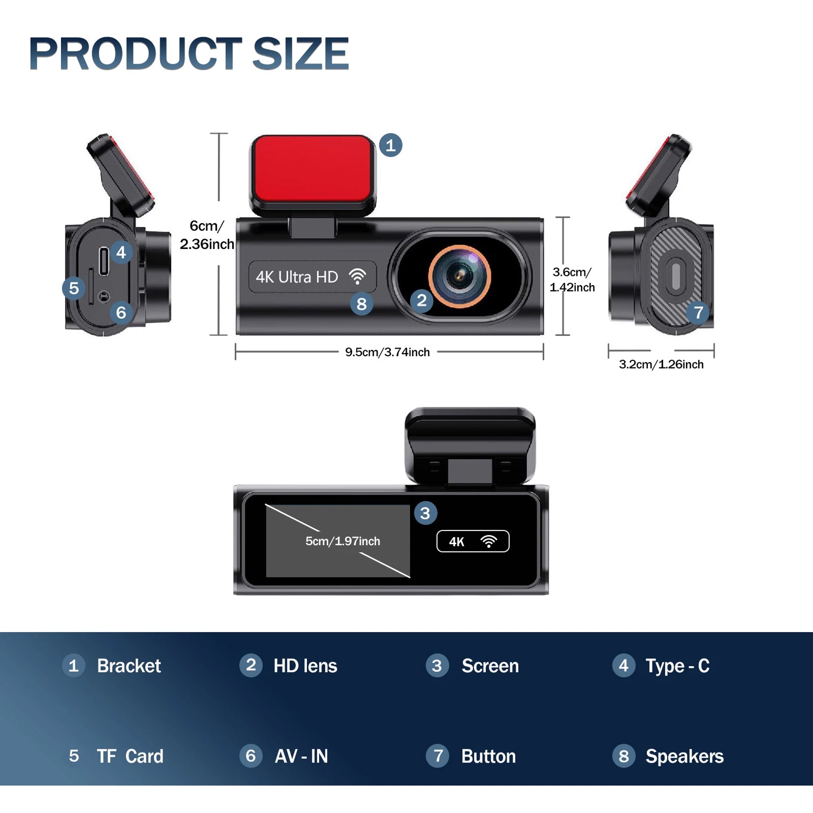 Measurement chart of a car SnapiDual Wireless Dashcam with labeled parts and dimensions.